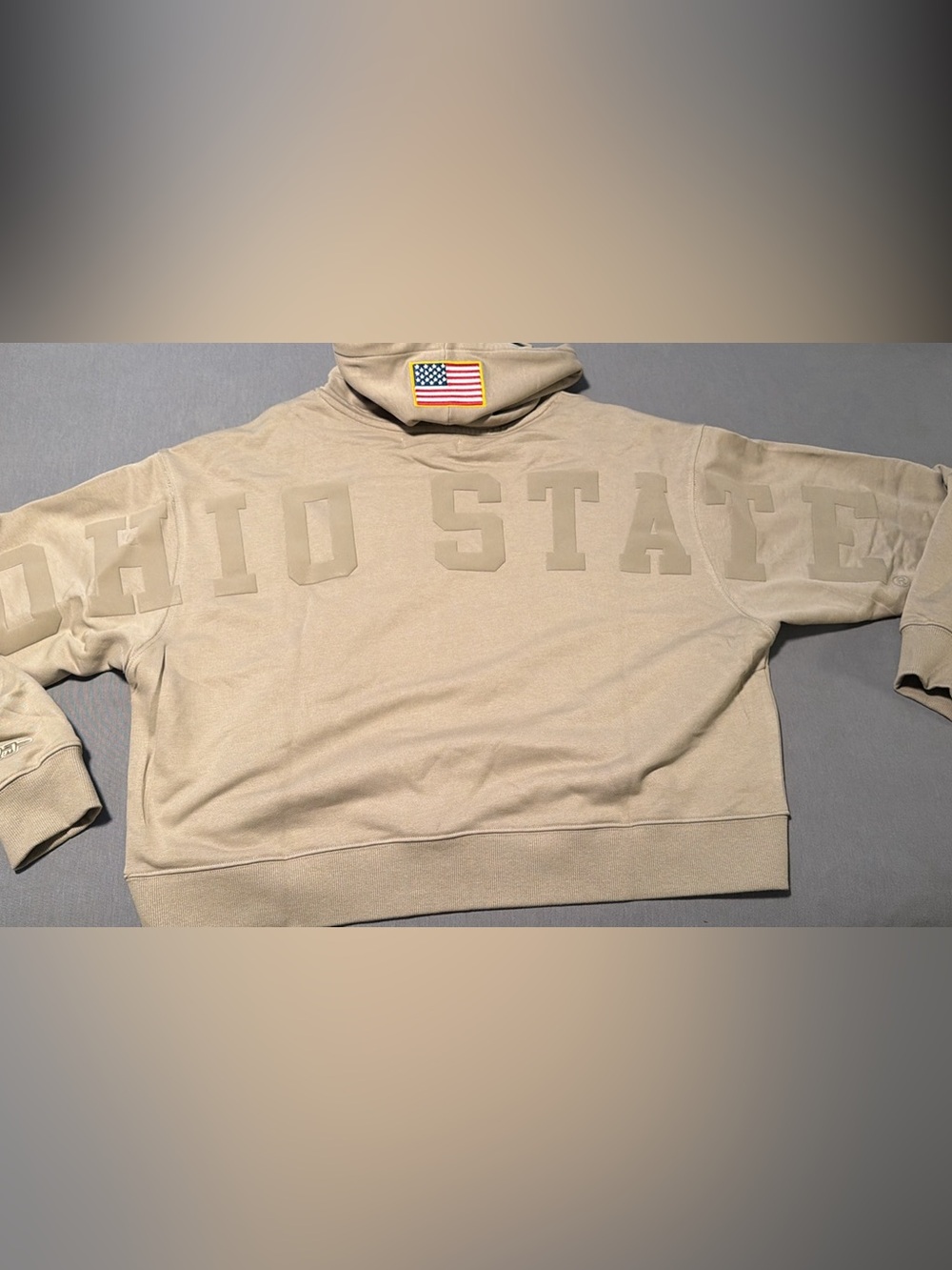Ohio State Women's Cropped Tan Pullover Hoodie with Flag Accent